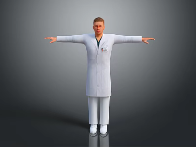 Game Movie Character In White Doctor Coat With Arms Outstretched On Gray Background 3d model