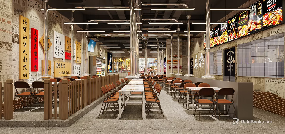 Modern Industrial Restaurant Interior With Long Tables Chairs Metal Pipe Ceiling And Wooden Partitions 3d model 