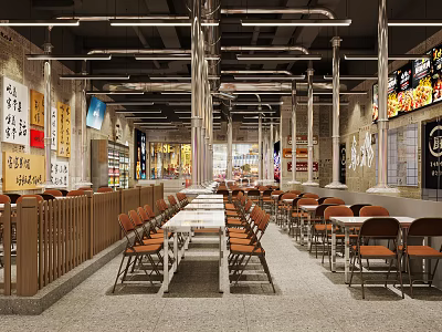 Modern Industrial Restaurant Interior With Long Tables Chairs Metal Pipe Ceiling And Wooden Partitions 3d model