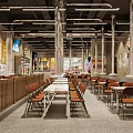 Modern Industrial Restaurant Interior With Long Tables Chairs Metal Pipe Ceiling And Wooden Partitions