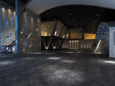 Modern Lobby Interior With Dark Floor Irregular Wall Holes Curved Ceiling And Blue Lighting 3d model