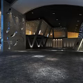 Modern Lobby Interior With Dark Floor Irregular Wall Holes Curved Ceiling And Blue Lighting
