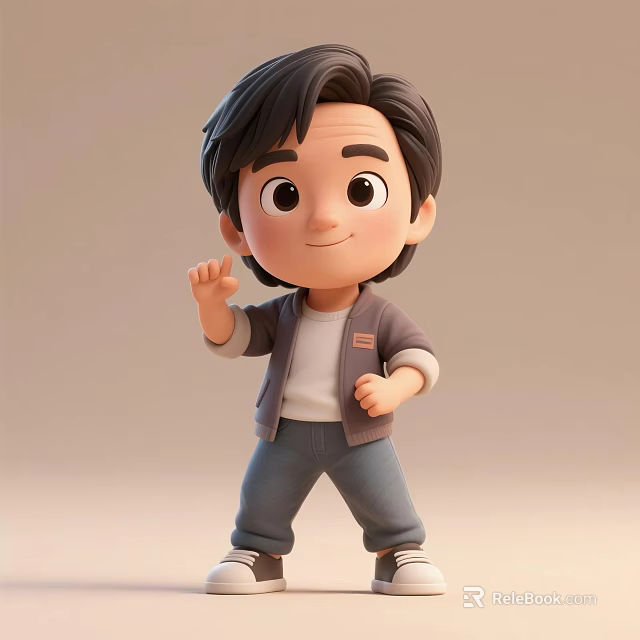 Cartoon Man Character Waving Hand In Gray Jacket White T-shirt And Blue Jeans 3d model 