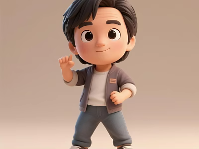 Cartoon Man Character Waving Hand In Gray Jacket White T-shirt And Blue Jeans 3d model