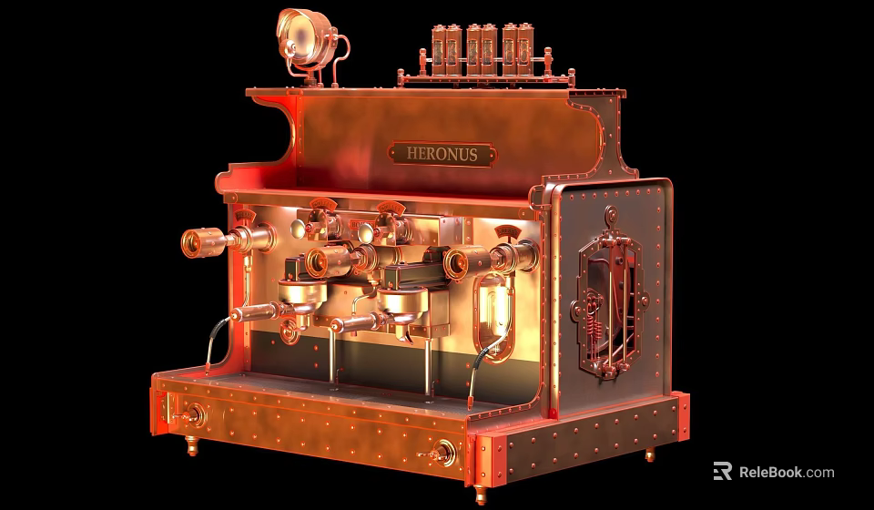 Vintage Mechanical Kitchen Appliance Hermodus Coffee Machine with Brass Pipes Knobs and Riveted Base Design 3d model 