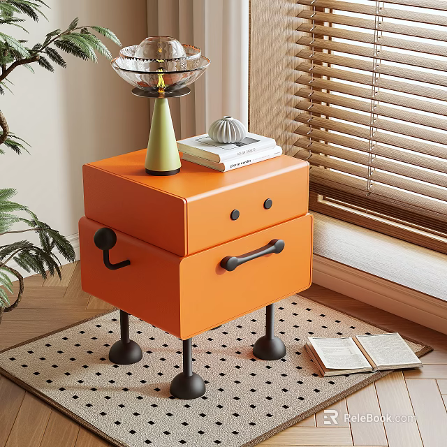 Stylish Orange Nightstand With Drawer Black Legs And Table Lamp Near Window Plant 3d model 