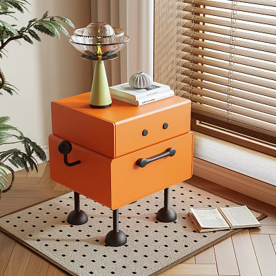 Stylish Orange Nightstand With Drawer Black Legs And Table Lamp Near Window Plant 3d model