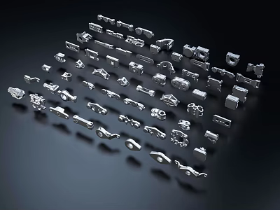 Various Silver Metal Parts And Tools Arranged On Reflective Black Surface 3d model
