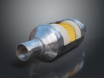 Silver Metal Catalytic Converter With Yellow Honeycomb Structure And Exhaust Pipe 3d model
