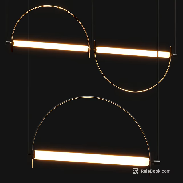 Modern Circular Frame Chandeliers with Linear Warm Light Sources against Black Background 3d model 
