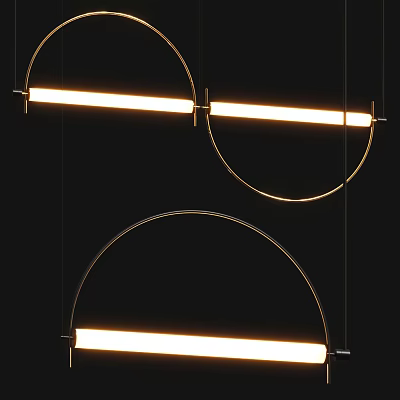 Modern Circular Frame Chandeliers with Linear Warm Light Sources against Black Background 3d model