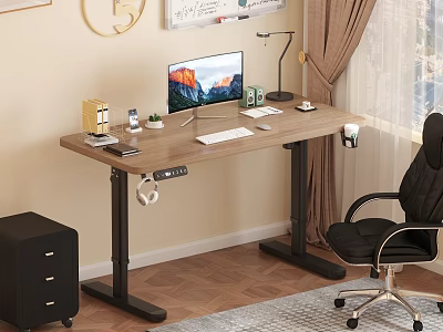 Height Adjustable Home Office Desk with Wooden Top Computer Monitor Desk Lamp and Ergonomic Chair 3d model