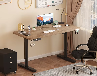 Height Adjustable Home Office Desk with Wooden Top Computer Monitor Desk Lamp and Ergonomic Chair 3d model