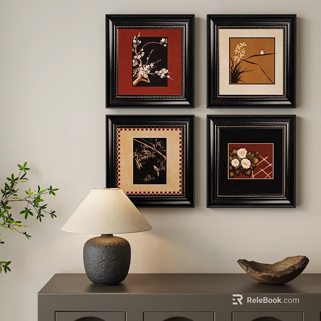Four Framed Abstract Paintings on Wall with Table Lamp and Plant Decor 3d model 