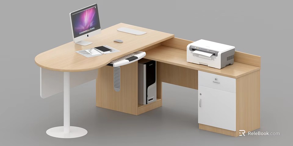 Modern Wooden Office Desk With Computer Monitor Keyboard Mouse Printer And Drawer 3d model 
