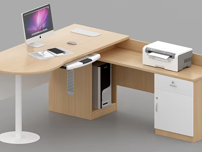 Modern Wooden Office Desk With Computer Monitor Keyboard Mouse Printer And Drawer 3d model