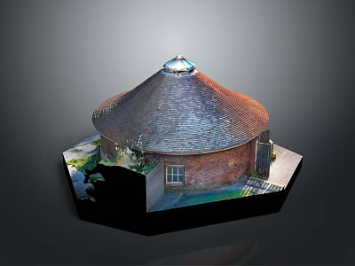 Traditional Round Red Brick Building with Conical Roof Small Window and Hexagonal Grass Pedestal 3d model