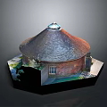 Traditional Round Red Brick Building with Conical Roof Small Window and Hexagonal Grass Pedestal