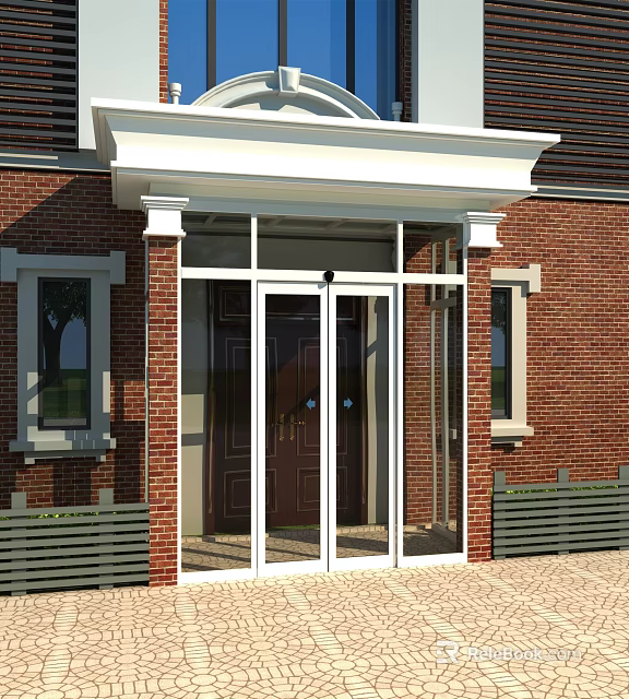 Elegant Entry Door With Glass Panels In Red Brick Building White Frame And Windows 3d model 