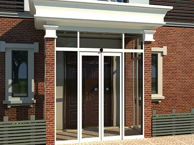 Elegant Entry Door With Glass Panels In Red Brick Building White Frame And Windows 3d model