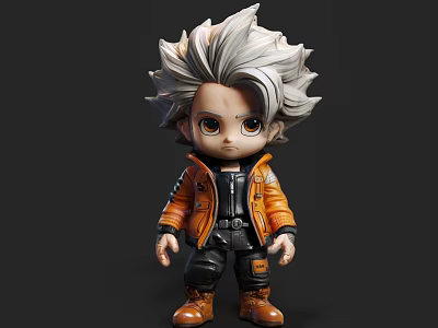Cute Doll With Silver White Spiky Hair Big Eyes Orange Jacket And Brown Boots 3d model