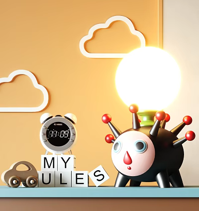 Cute Design Table Lamp with Alarm Clock Letter Blocks and Cloud Decorations on Yellow Background 3d model
