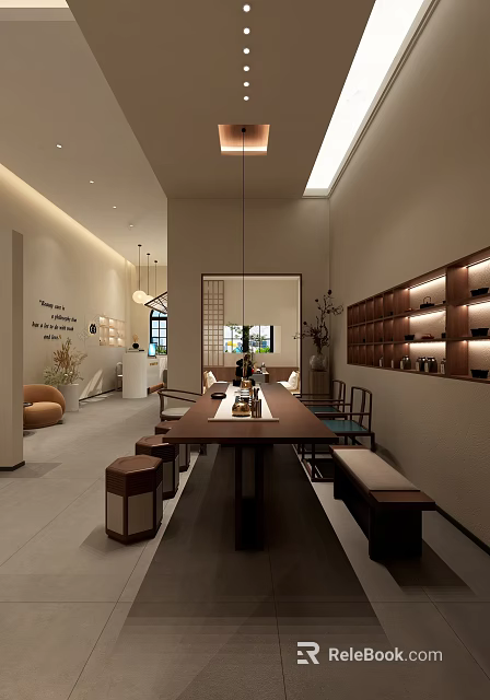 Modern Beauty Hair Salon Interior With Long Table Chairs And Wall Shelves 3d model 