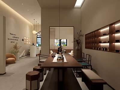 Modern Beauty Hair Salon Interior With Long Table Chairs And Wall Shelves 3d model