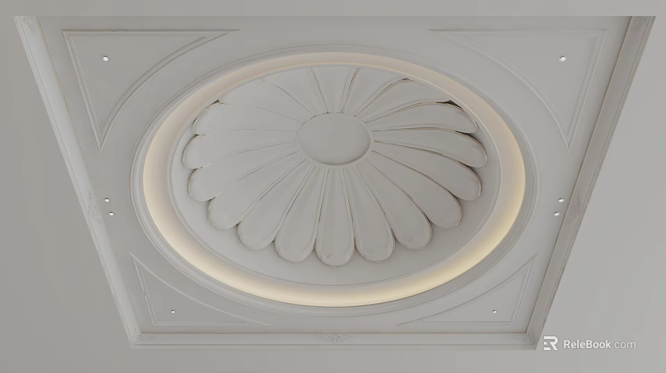 Elegant Classic Ceiling Design With Circular Embossed Pattern And Recessed Lights 3d model