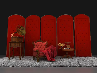Classic Vintage Room Decor Featuring Red Folding Screens Armchair Gramophone Side Tables And Gray Rug 3d model