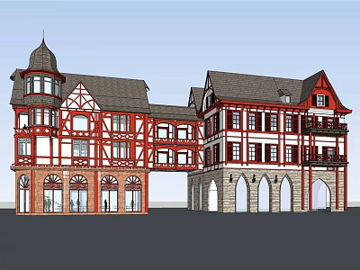European Style Commercial Complex With Timber Framed Design Gabled Roofs And Arched Retail Spaces 3d model