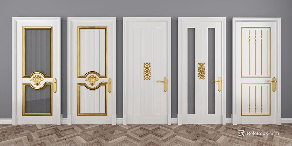 White Hinged Doors With Golden Handles Carved Patterns And Glass Panels Gray Walls Herringbone Flooring 3d model 
