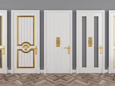 White Hinged Doors With Golden Handles Carved Patterns And Glass Panels Gray Walls Herringbone Flooring 3d model