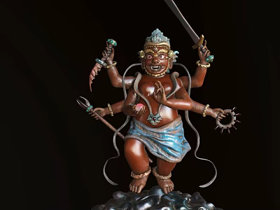 Intricate Bronze Multi Armed Deity Statue Holding Sword Trident And Decorative Ornaments 3d model