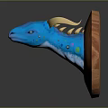 Blue Dragon Head Mounted On Wooden Circular Base With Yellow Horns And Colorful Spots
