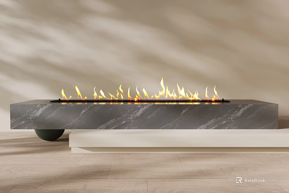 Modern Linear Fireplace With Burning Flames And Sleek Marble Surface Design 3d model 