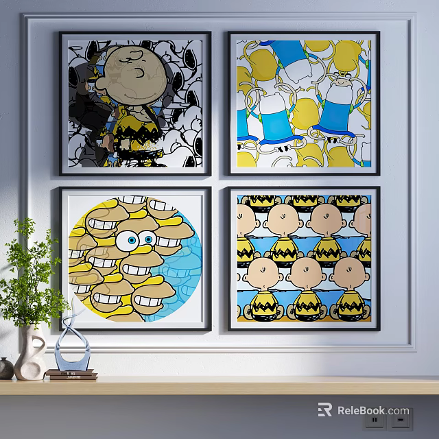 Snoopy Themed Framed Artworks With Colorful And Black White Designs On Wall 3d model 