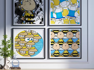 Snoopy Themed Framed Artworks With Colorful And Black White Designs On Wall 3d model