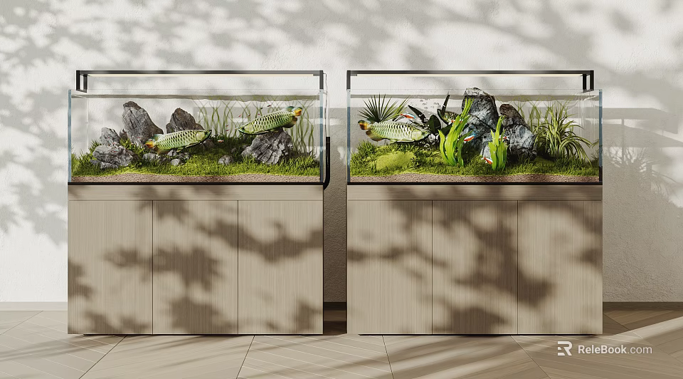 Double Aquariums With Rocks Aquatic Plants And Fish On Wooden Cabinets With Shadows 3d model 