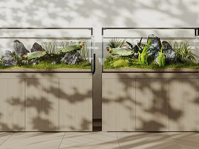 Double Aquariums With Rocks Aquatic Plants And Fish On Wooden Cabinets With Shadows 3d model