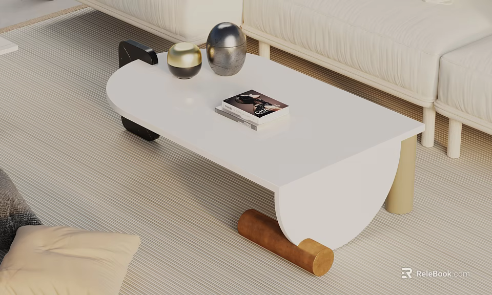 Modern White Coffee Table with Metal Spherical Decorations and Books in Living Room with Light Sofa on Rug 3d model 