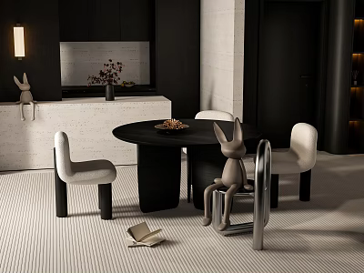 Round Black Dining Table Set With White Chairs Rabbit Decor Fireplace And Flower Vase 3d model