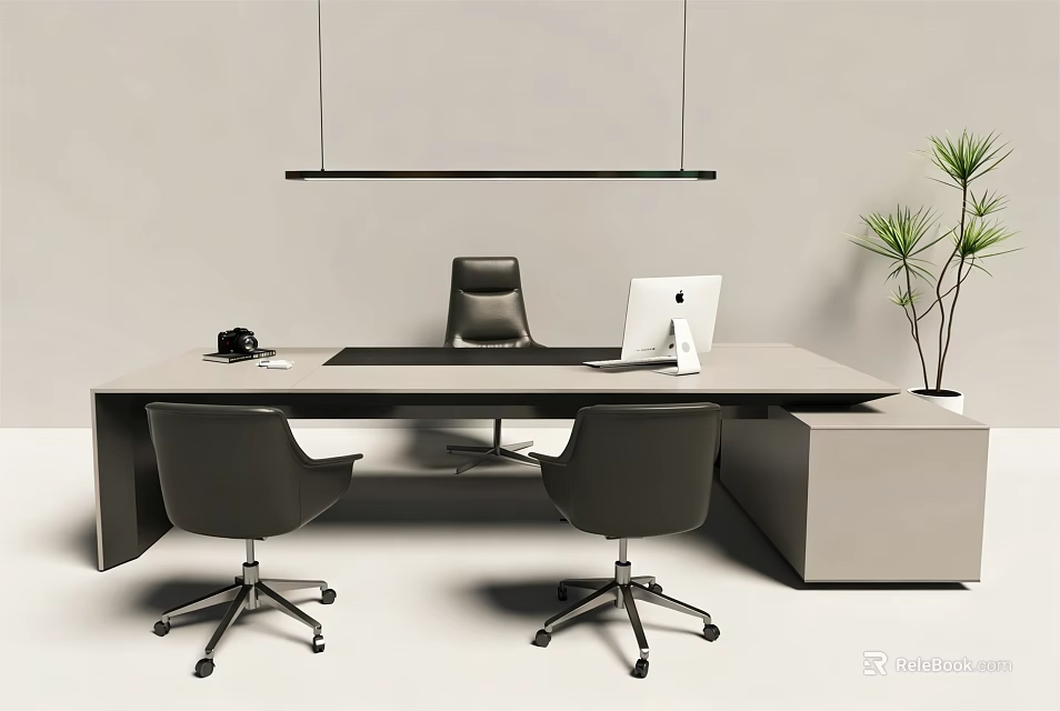 Modern Office Desk With Three Chairs White iMac Black Phone Green Plant And Hanging Lamp 3d model 