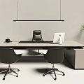 Modern Office Desk With Three Chairs White iMac Black Phone Green Plant And Hanging Lamp