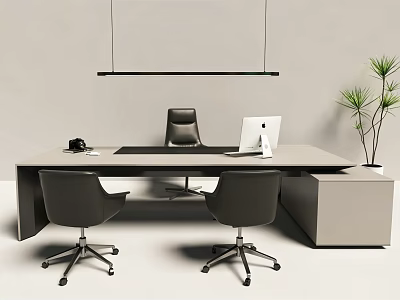 Modern Office Desk With Three Chairs White iMac Black Phone Green Plant And Hanging Lamp 3d model