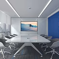 Modern Conference Room Interior With Large Meeting Table Ergonomic Chairs And Blue Glass Walls