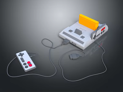 Retro Electronic Gaming Console With Wired Controller And Yellow Panel Design 3d model