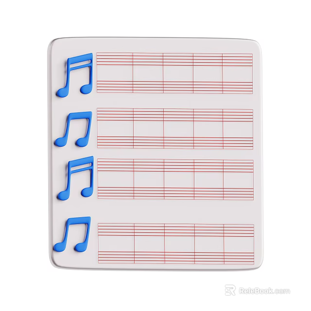 Music Drawing Tools With Blue Notes And Red Staff Lines On White Board For Learning 3d model 