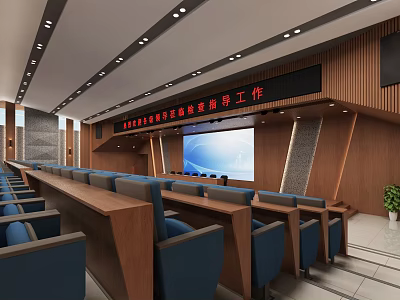 Spacious Conference Room With Wooden Decor Long Tables Blue Seats And Large Screen 3d model