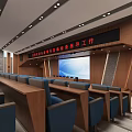 Spacious Conference Room With Wooden Decor Long Tables Blue Seats And Large Screen